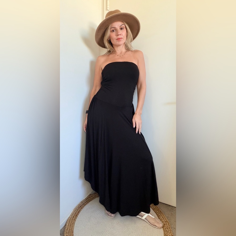 New Project Social T Goddess Strapless Shirred Dress Black